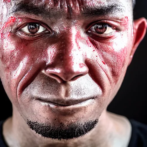 Image similar to extreme closeup of sweaty red person, wideangle