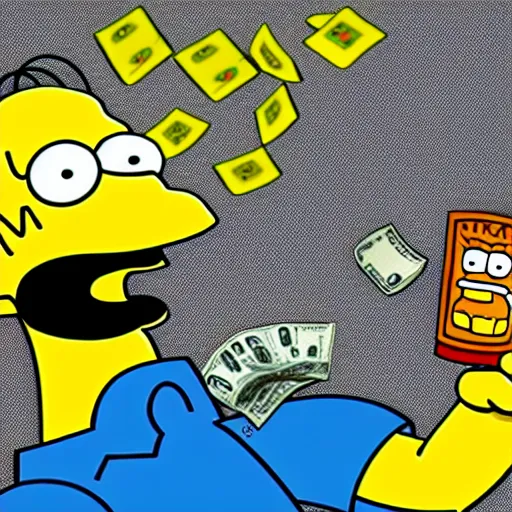 Prompt: 3 d icon of simpsons character throwing out his hand with money shouting at the camera. on white. cartoon like. simpsons, futurama