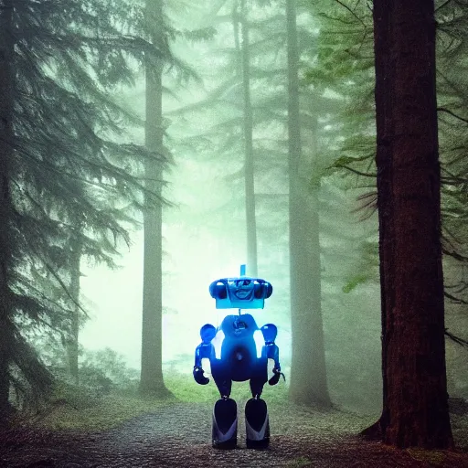 Prompt: Humanoid robot, sleek robot, advanced robot, walking through misty forest, Pacific Northwest, Polaroid