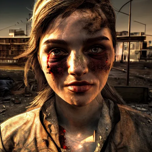 Image similar to pretty face, wide angle lens, photorealistic, 4k, background of destroyed city post apocalyptic, steakpunk, soft lighting, portrait