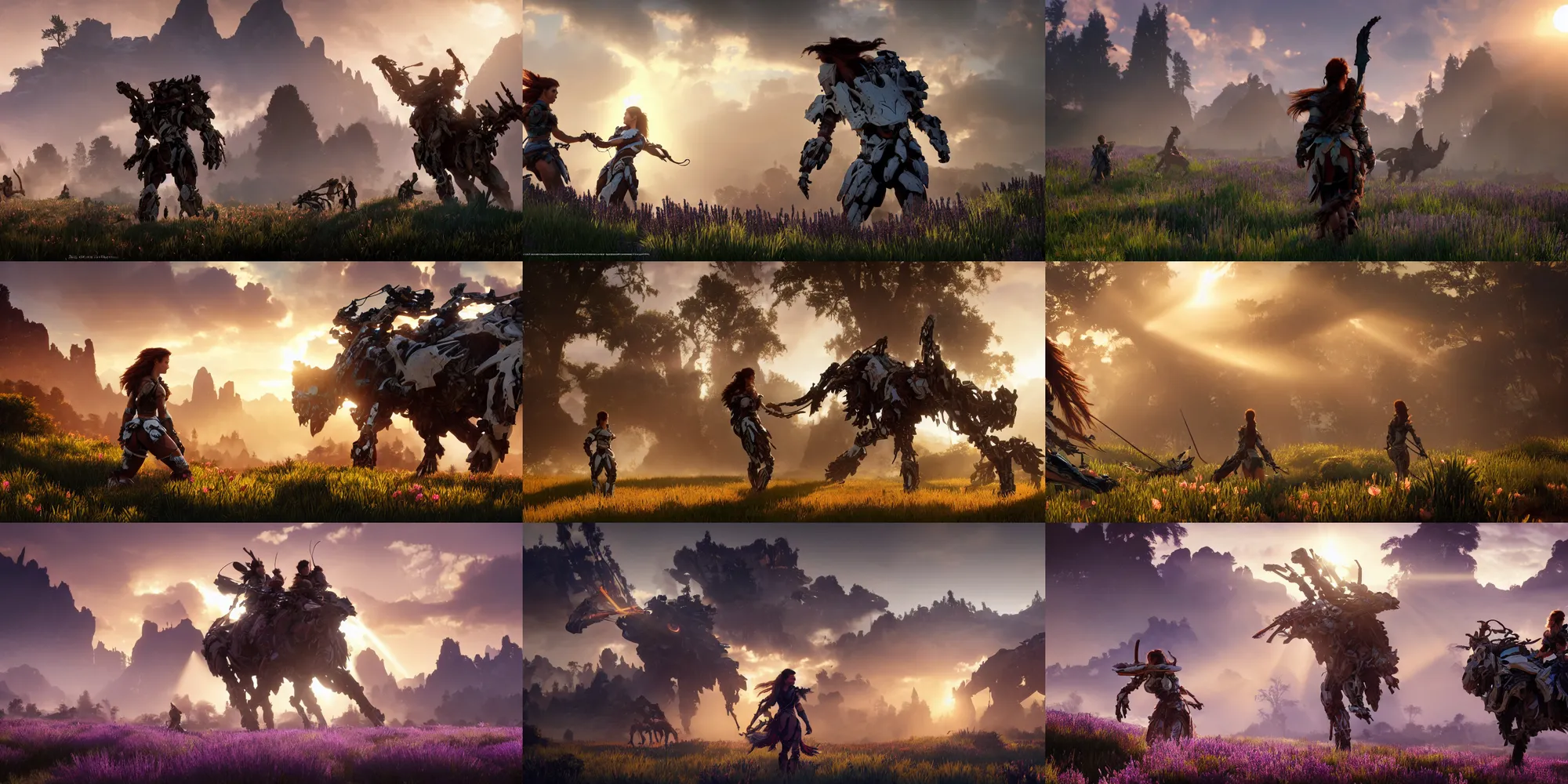 Prompt: Stills from Horizon Zero Dawn 2, god rays, dynamic poses, bloom, volumetric fog, moody ambiance, cinematic lighting, twilight, sunset, rose and lavender and amber color grading, Bouguereau, James Gurney, Alphonse Mucha, fantasy, portfolio illustration, highly detailed, trending on Artstation, CGsociety, HQ, 8k, 35mm lens, f2.8, Bokeh,