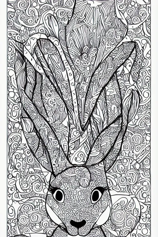 Image similar to bunny head, ornaments, ink drawing, line art colouring page