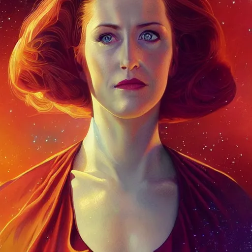 Image similar to young Gillian Anderson as a ruggedly beautiful retro SCI-FI space heroine 1985 , intricate, elegant, highly detailed, centered, digital painting, artstation, concept art, smooth, sharp focus, illustration, art by artgerm and donato giancola and Joseph Christian Leyendecker, Ross Tran, WLOP