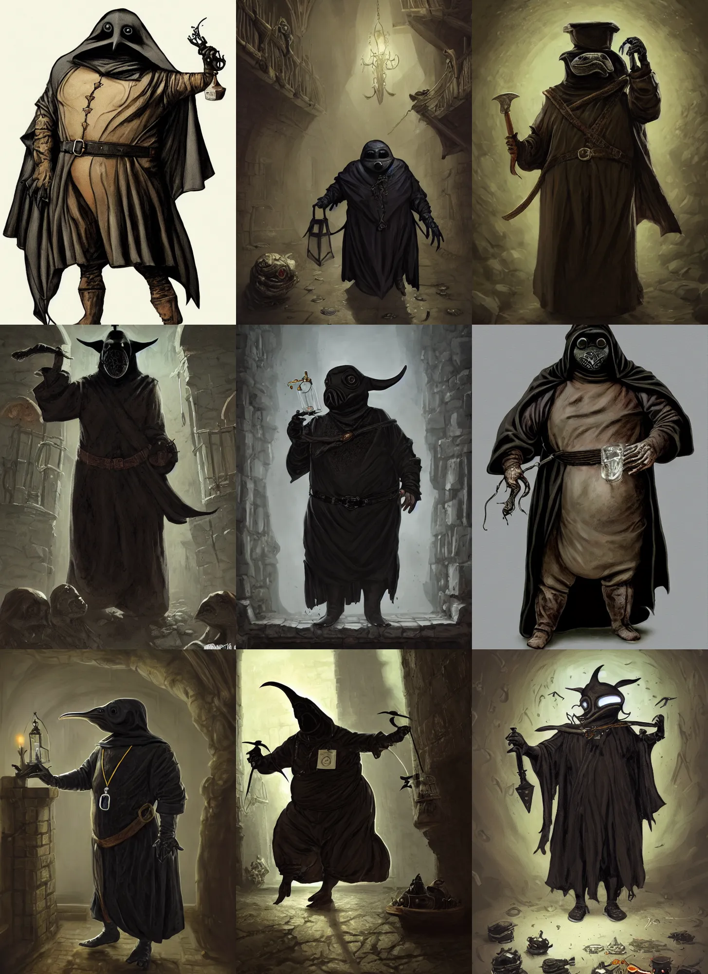 Prompt: a portrait, a chubby amphibious humanoid wearing a pointy bird style black plague doctor mask, short in stature, wearing black medieval robes, medical doctor, small vials and pouches attached to belt, pointy mask, crab hands, style by donato giancola, wayne reynolds, jeff easley dramatic light, high detail, cinematic lighting, artstation, dungeons and dragons