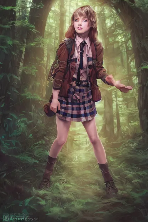 Image similar to sarah humpfrey as a girl in a dark forest, detailed plaid miniskirt, beautiful upper body, detailed face portrait, by dan mumford, anime style, octane render, trending on artstation