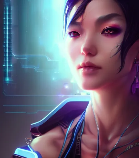 Prompt: beautiful portrait of a cyberpunk goddess who looks like Chun Li , character design by charlie bowater, ross tran, artgerm, and makoto shinkai, detailed, soft lighting, rendered in octane