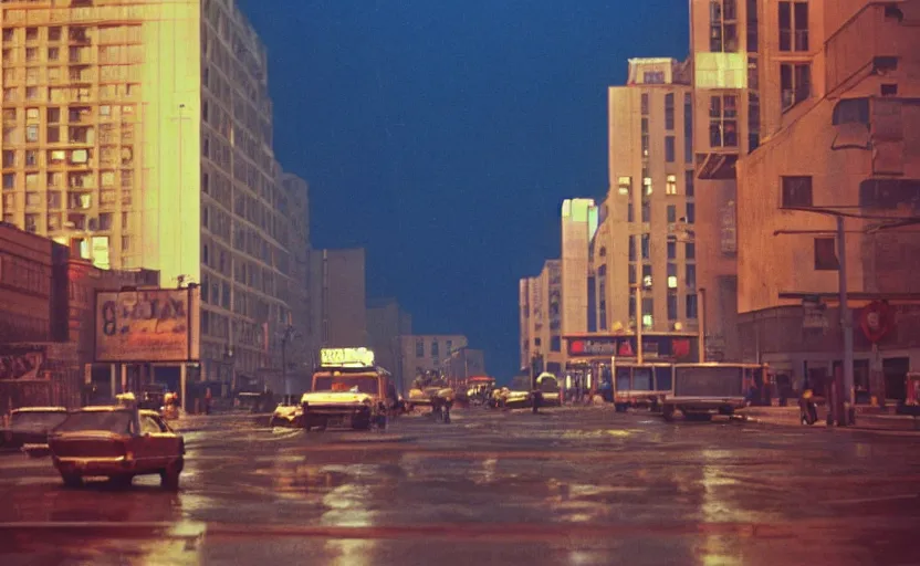 Prompt: 70s movie still of a sovietic street with pedestrians with soviet highrise in the backround , Cinestill 800t 18mm ektachrome color, heavy grainy picture, very detailed, high quality, 4k panoramic, HD criterion, dramatic lightning, neon billboards and streetlight at night, rain, mud, foggy, one giant Marx portrait on the wall, soviet flags