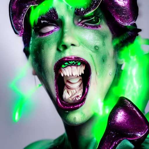 Prompt: a portrait photo of a poison themed female villain, glowing green, poison dripping, poison teeth, detailed character design