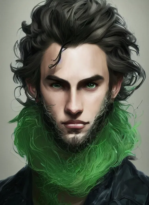 Image similar to a highly detailed illustration of young thick wavy messy haired guy wearing mechanical green face mask and brown noir coat, clean shaven, dramatic bored expression, intricate, elegant, highly detailed, centered, digital painting, artstation, concept art, smooth, sharp focus, league of legends concept art, wlop