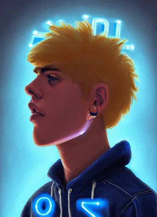 Image similar to portrait of high school senior boy named big moose, blonde short hair, jock, beefy, wide face, square jaw, square facial structure, blue varsity jacket with letter r, intricate, elegant, glowing lights, highly detailed, digital painting, artstation, concept art, sharp focus, illustration, art by wlop, mars ravelo and greg rutkowski