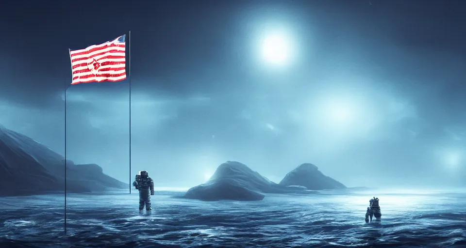 Image similar to astronaut holding a flag in an underwater desert. a submarine is visible in the distance. dark, concept art, cinematic, dramatic, atmospheric, 8 k, trending on artstation, blue, fish, low visibility, fog, ocean floor, christopher nolan, interstellar