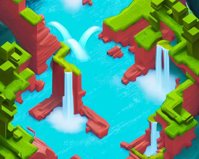Image similar to isometric game art of a very beautiful turquoise blue waterfall, game design concept, trending on artstation, cgsociety