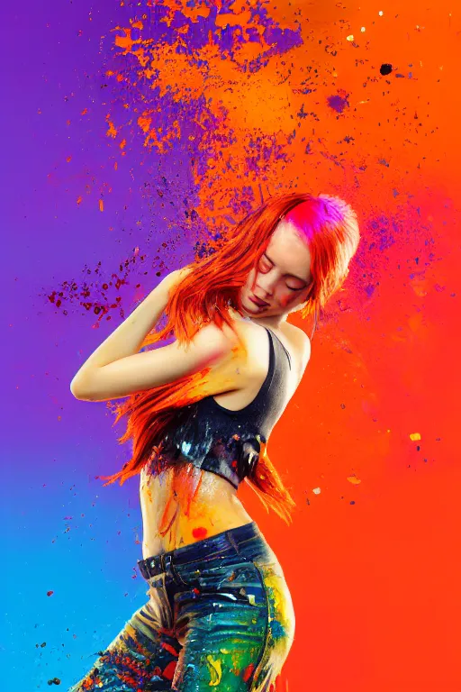 Prompt: a award winning half body portrait of a beautiful woman in a croptop and cargo pants with ombre red orange yellow hairstyle with head in motion and hair flying, paint splashes, splatter, outrun, vaporware, shaded flat illustration, digital art, trending on artstation, highly detailed, fine detail, intricate