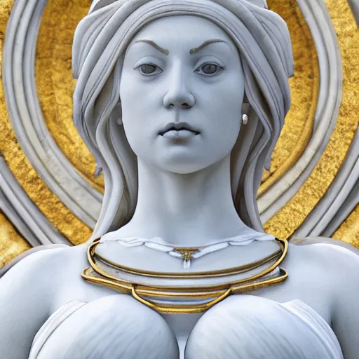 Image similar to a statue made of white marble with gold veins, of a fully dressed beautiful pregnant woman, wearing a dress, perfect symmetrical body, perfect symmetrical face, closed eyes, hyper realistic, hyper detailed, fujicolor superia, bokeh background, full body shot, vatican, by peter kemp, by monia merlo octane render, blender, 8 k