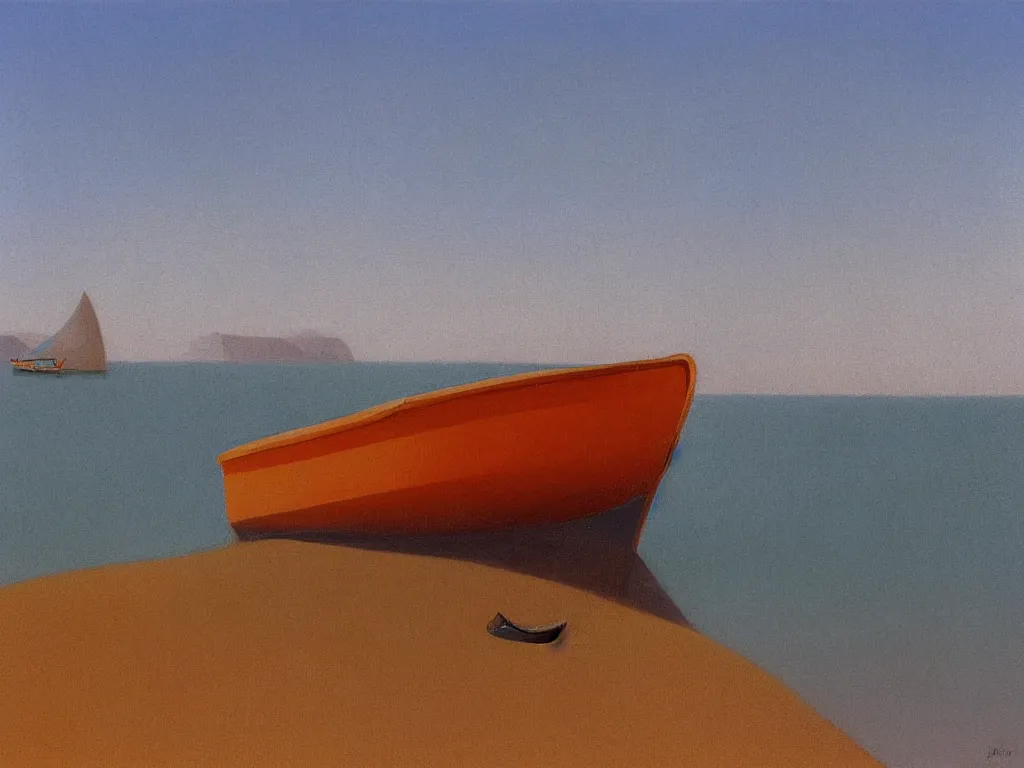 Prompt: a vintage neo retro poster of one pale orange and pale dark green boat floating on top of a body of stylized water in bassin d'arcachon, a sand dune in the distant background, australian tonalism, pale gradients design, matte drawing, clean and simple design, outrun color palette. Painting by Morandi, Agnes Pelton