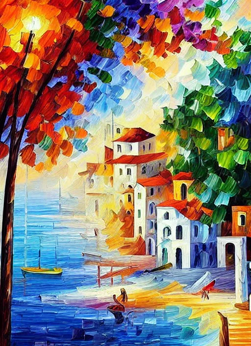 Image similar to beautiful seaside greek village in the style of leonid afremov