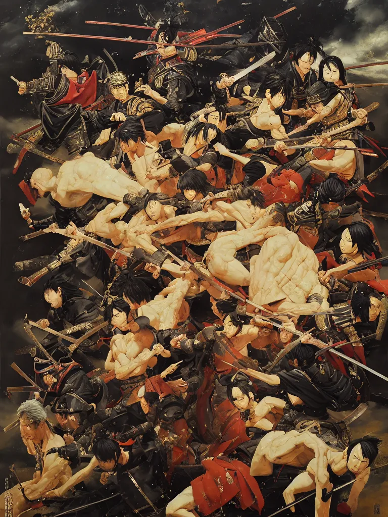 Image similar to baroque oil painting of key visual large scale samurai battle, akira kurosawa, brutalist fantasy, rule of thirds golden ratio, fake detail, trending pixiv fanbox, acrylic palette knife, style of makoto shinkai ghibli takashi takeuchi yoshiyuki sadamoto jamie wyeth james gilleard greg rutkowski chiho aoshima