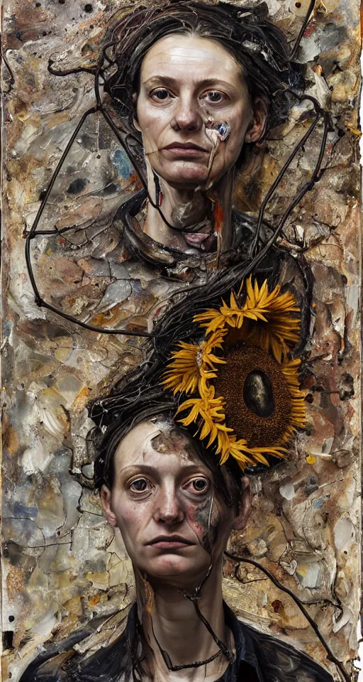 Image similar to a full length portrait of a very ordinary young woman with a sad expression, Anselm Kiefer and Lucian Freud and Jenny Saville, oil painting, rust, Scaffolding, rusted metal and sunflowers, iron cladding, decay, mixed media, textured, anatomically correct, beautiful perfect face, visible brushstrokes, sharp focus, twisted wire, Highly Detailed, photographic emulsion cracked and peeling, Cinematic Lighting, 8k, HD