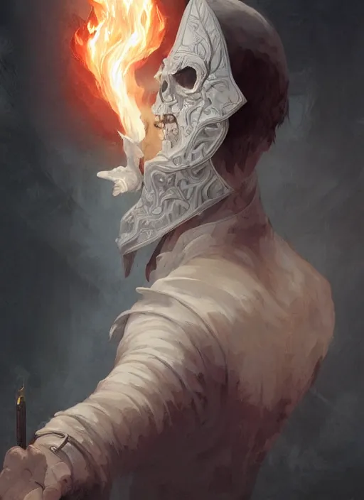 Image similar to character concept portrait of an attractive young angry Spanish wizard with pale white skin and wearing parital skull mask while enchanting a flaming seduction spell, a floating burning spell book in the center, intricate, elegant, digital painting, concept art, smooth, sharp focus, illustration, from Metal Gear, by Ruan Jia and Mandy Jurgens and William-Adolphe Bouguereau, Artgerm