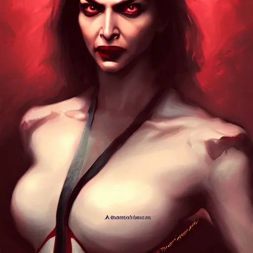 Image similar to portrait of deepika padukone upper body in bloody business suit, blood red eyes, vampire fangs, fantasy, intricate, elegant, highly detailed, digital painting, artstation, concept art, matte, sharp focus, illustration, art by aenaluck and roberto ferri and greg rutkowski, epic fantasy, digital painting