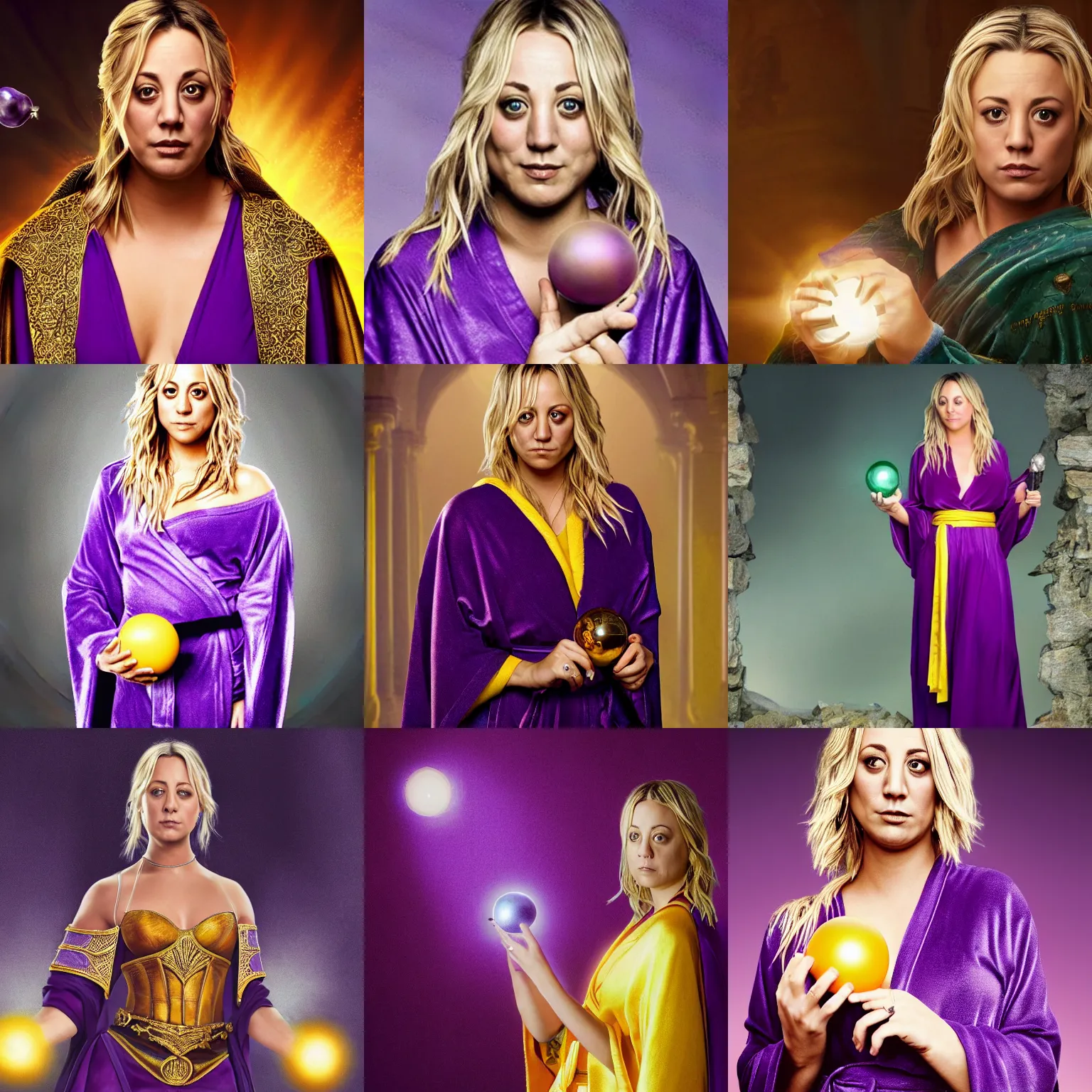 Prompt: A masterpiece portrait of a Kaley Cuoco wearing a purple medieval robe and holding a yellow magical orb. Very detailed. Unreal Engine. intricate elegant highly detailed