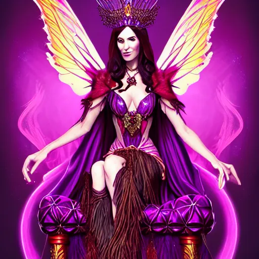 Image similar to Half Fey Princess sorceress with red flaming wings on her back and sitting on an ornate throne dressed in a fancy purple dress, Fantasy, Full Portrait, Planeswalker, Magic The Gathering, High detail, realistic, Liliana Vess