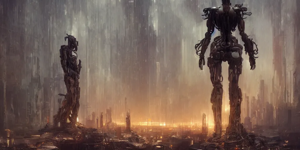 Image similar to octane render, ultra photorealistic, hyper detailed, unreal engine, a breathtaking wooden mystical statue robot of the last human in existence cyberpunk in a sci - fi gothic terrarium tech - cemetery, in neo tokyo artwork by greg rutkowski, alphonse mucha, inspired by blade runner 2 0 4 9