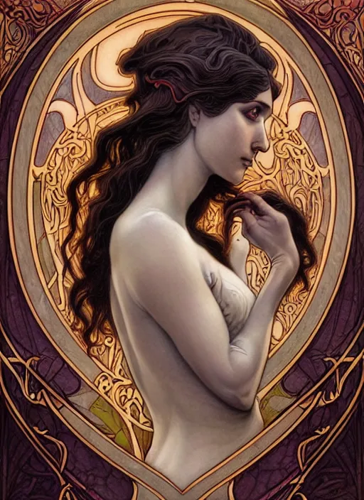 Image similar to an art nouveau, dragon portrait in the style of charlie bowater, and in the style of donato giancola, and in the style of charles dulac. very large, clear, expressive, intelligent eyes. symmetrical, centered, ultrasharp focus, dramatic lighting, photorealistic digital painting, intricate ultra detailed background.