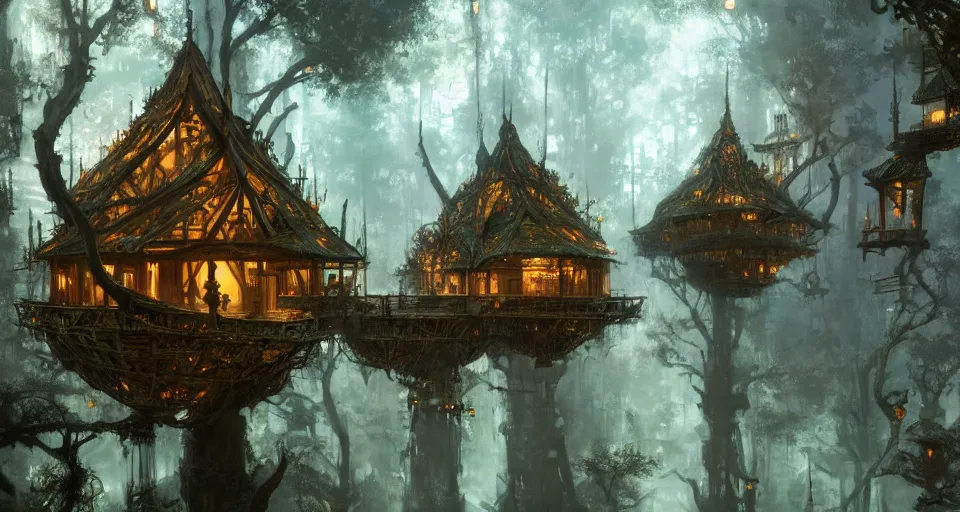 Image similar to city of tree - houses at caras galadhon, intricate, elegant, highly detailed, john park, frazetta, john howe, ruan jia, jeffrey catherine jones