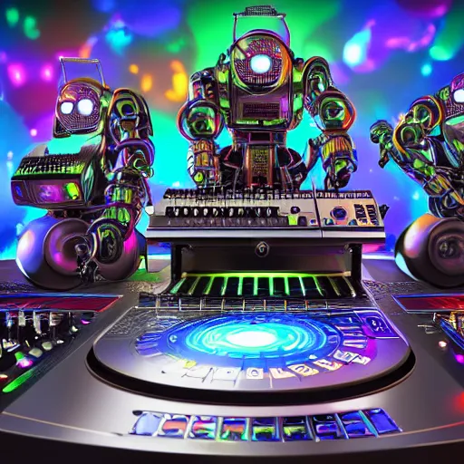 Image similar to album art, roborock, 3 steampunk spaced out robots on a dj desk with a cd mixer, 8 k, flourescent colors, halluzinogenic, multicolored, exaggerated detailed, front shot, 3 d render, octane