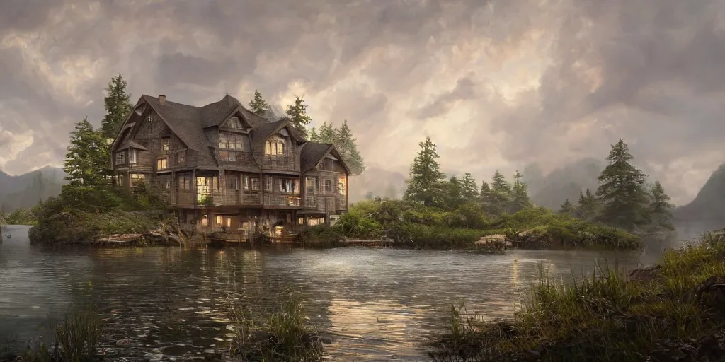 Image similar to an oil painting of a lakehouse, masterpiece, highly detailed, high quality, 4 k, anatomically correct, hyperrealistic, concept art, octane render, unreal engine 5, trending on artstation, trending on deviantart, matte, historical painting, fantasy style, path traced, high coherence, soft lighting, digital painting, mythical