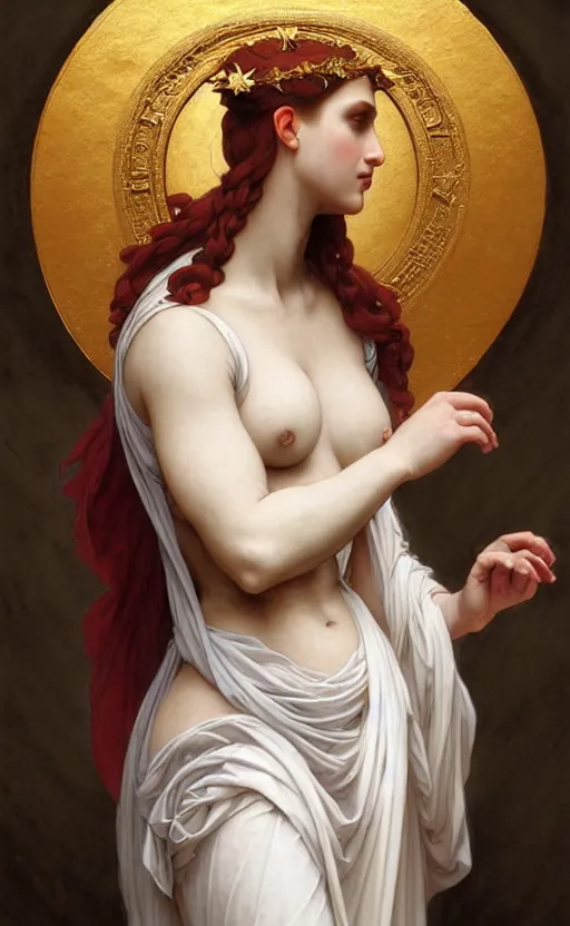 Prompt: fully clothed cassandra the trojan prophetess, redgold hair, white floral chiton gown, greek mythology, raphael, fra angelico, michelangelo, william adolphe bouguereau, trending on artstation, character art, greek myth digital painting, concept art, smooth, sharp focus, illustration, art by artgerm and greg rutkowski, radiant light,