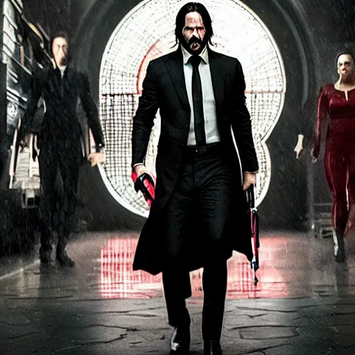 Prompt: john wick with the avengers mcu, dramatic, epic, cinematic, key moments, lighting effects, sharp focus