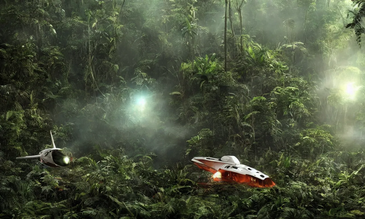Image similar to Astronaut prometheus spaceship crashed in jungle , deep in the tropical rain forest ,wide angle low cinematic lighting atmospheric realistic octane render highly detailed in he style of craig mullins, full hd render 3d octane render unreal engine 5 Redshift Render Cinema4D C4D Rendered in Houdini Houdini-Render Blender Render Cycles Render OptiX-Render Povray Vray CryEngine LuxCoreRender MentalRay-Render Raylectron Infini-D-Render Zbrush DirectX Terragen Autodesk 3ds Max After Effects 4k UHD immense detail interdimensional lightning + studio quality enhanced quality