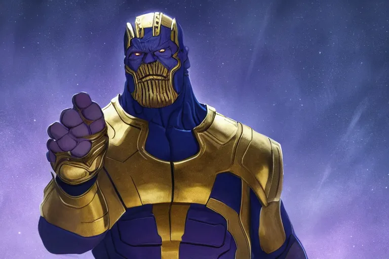 Prompt: Thanos wearing blue and gold armor grimacing while raising his clenched fist in the air, trending on Artstation, highly detailed, HD wallpaper, 4k, photorealistic, digital art