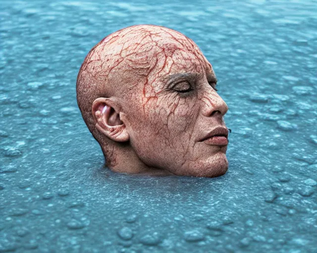 Image similar to a realistic human head coming out of the ground, surreal, water art manipulation, hyper realistic, ray tracing, realistic water, sharp focus, 8 k resolution, cinematic