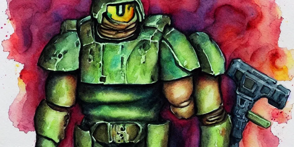 Image similar to doomguy watercolor art pastel colors pergament paper