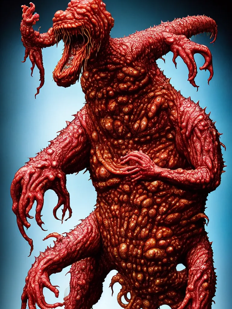 Image similar to hyperrealistic rendering, shiny wet fat cronenberg flesh monster smooth kaiju by art of skinner and richard corben and jeff easley, product photography, action figure, sofubi, studio lighting, colored gels, rimlight, backlight