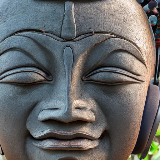 Prompt: a 4 k photorealistic buddha sculpture in thailand with headphones eyes closed