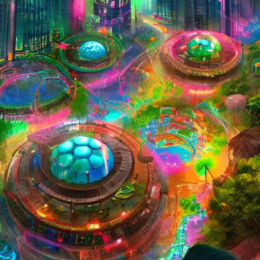 Image similar to a utopian city, filled with extremely colorful fauna, with bubbles floating around everywhere, dynamic lighting, fantasy concept art, trending on art station, stunning visuals, creative, cinematic, ultra detailed