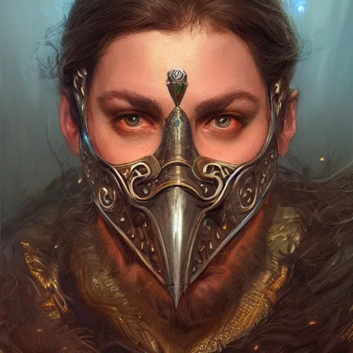Prompt: realistic d & d fantasy character wearing a heart shaped mask, closeup portrait art by donato giancola and greg rutkowski, vintage retro, realistic face, digital art, trending on artstation, symmetry!!