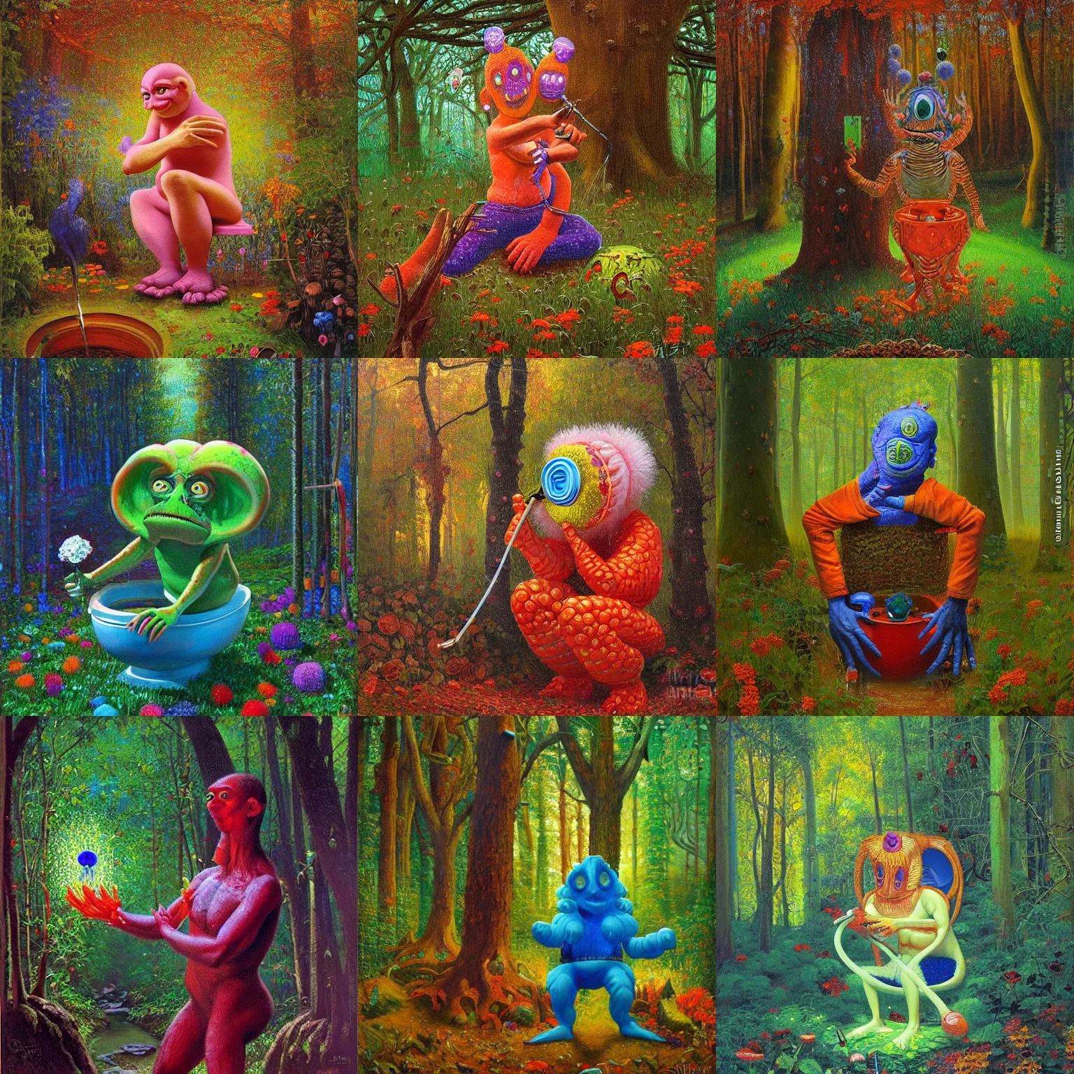 Prompt: nizovtsev victor painting of a strange toilet monster in a forest