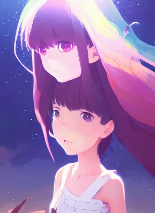 Prompt: portrait of cute girl with huge very adorable anime eyes, very psychedelic planetary anime scenery illustration concept art anime key visual trending pixiv fanbox by wlop and greg rutkowski and makoto shinkai and studio ghibli and kyoto animation