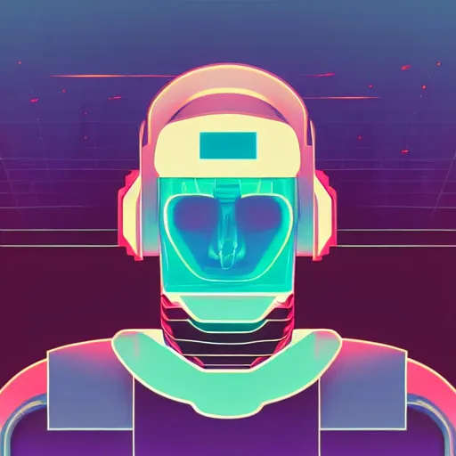 Prompt: a portrait of part man, part robot, in retro colors, synthwave style, 2 d digital vector art