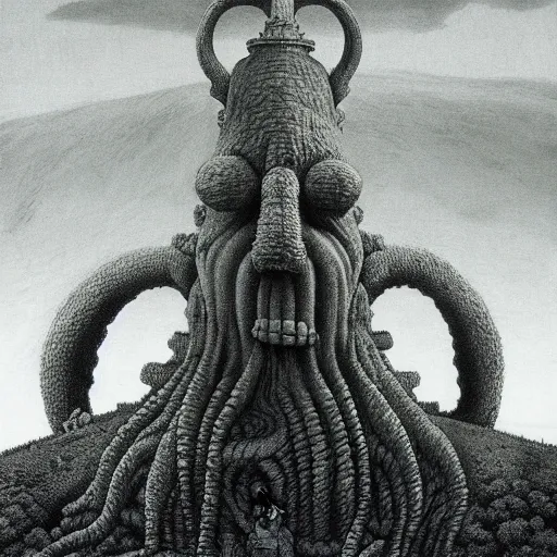 Prompt: squidward boss in style of shadow of the colossus by zdzisław beksiński