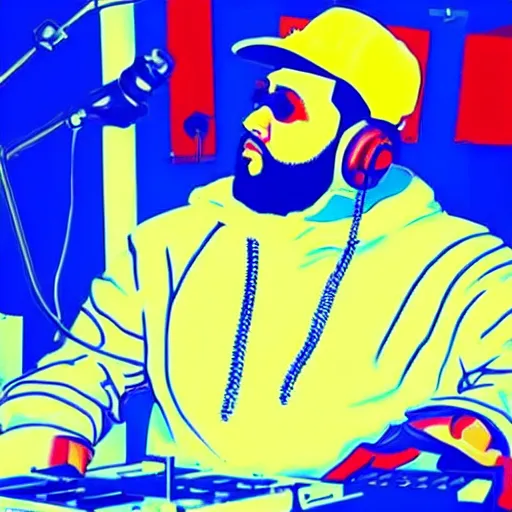 Prompt: ultra detailed portrait photo of dj khaled in a studio, blue, under red and yellow cinematic lighting, by van gogh, cartoon