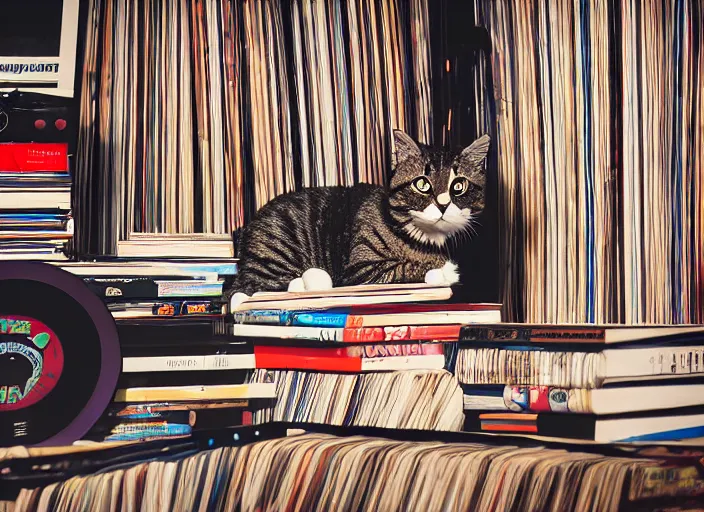 Image similar to photography of a Cat sitting on a pile of books and vinyls. a record player is in the shot. in a room full of vinyls and posters out of the 70's, photorealistic, raining award winning photo, 100mm, sharp, high res