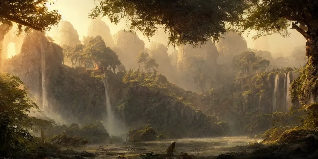 Image similar to A beautiful, perfect, impressive, amazing concept art digital CG painting of a ancient mesopotamia castle, forest waterfall and cave at sunset, fantasy, magical lighting, Greg Rutkowski and Studio Ghibli and Ivan Shishkin trending on ArtStation, Unreal Engine