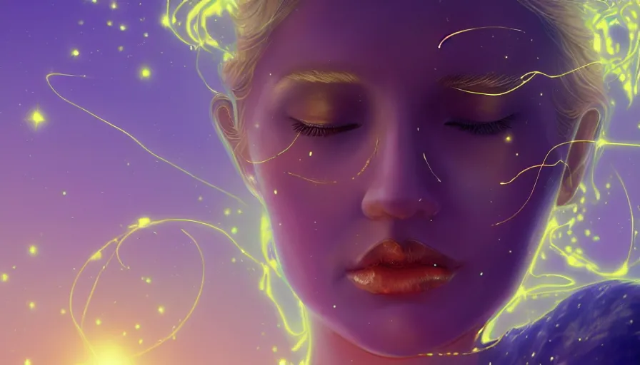 Image similar to a golden woman, eyes closed, glowing lavender aura, head expanding into pieces, laser beaming from the sky into the top of her head, half body, in space, concept art, artstation