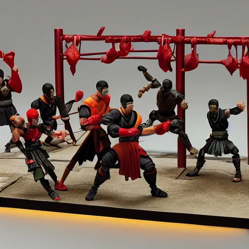 Image similar to photo of figma figures inside a diorama, depicting the fighters of mortal kombat brutally fighting each other inside a shaolin temple.